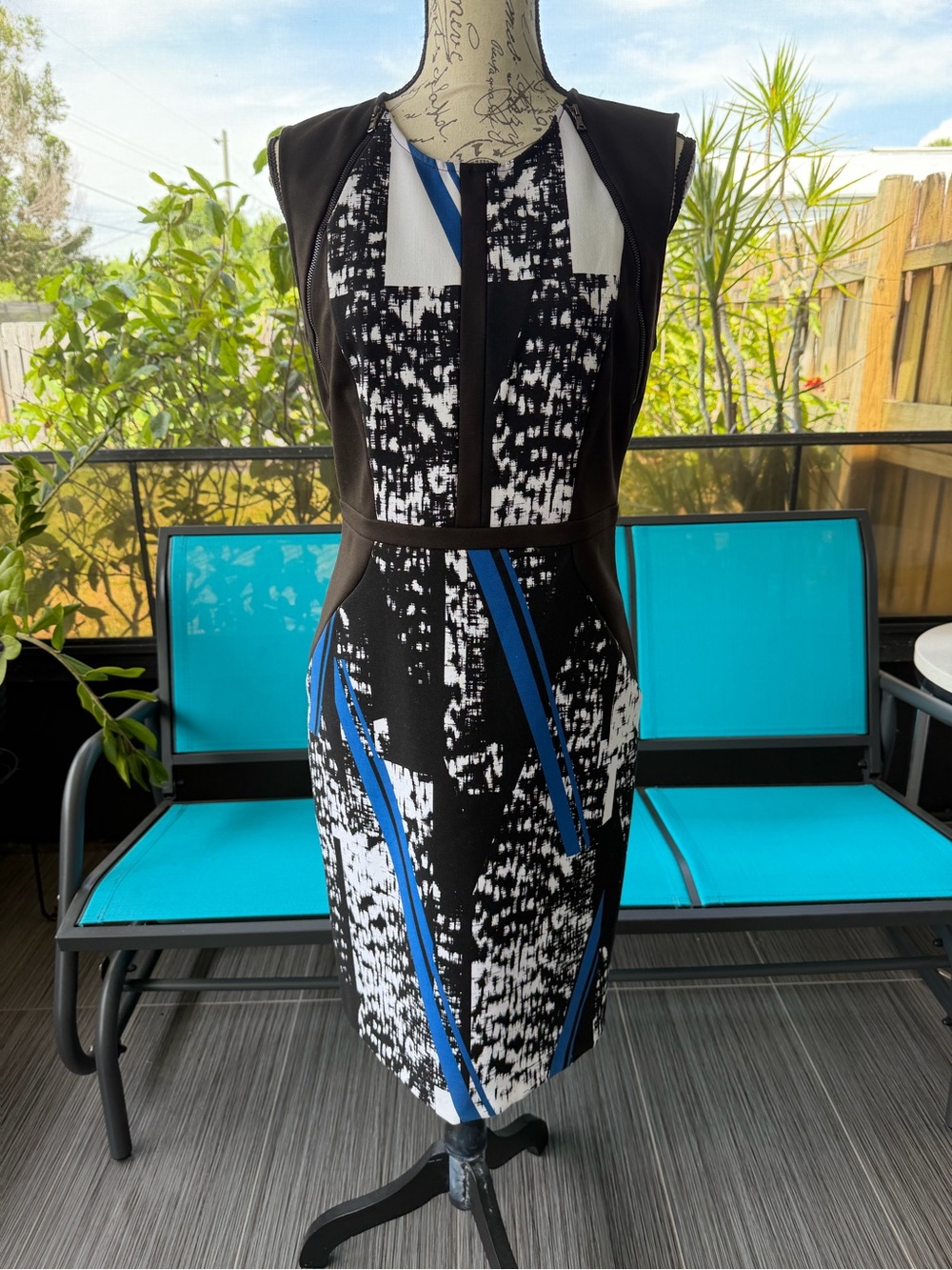 Kenneth Cole Black & White Midi Sheath Dress with Blue Stripes